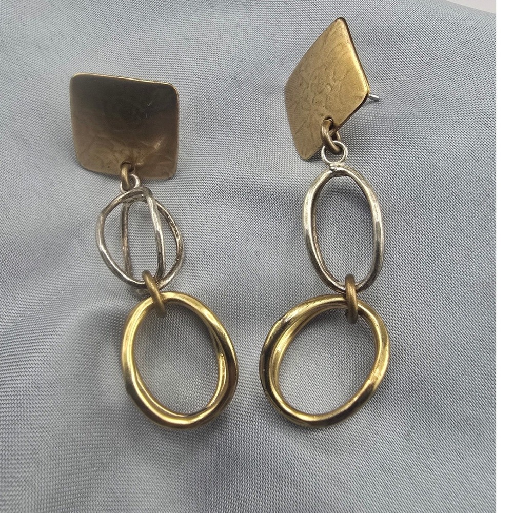 Vintage Marjorie Baer Earrings Gold Silver Tone Hammered Geometric Dangle 2.25"